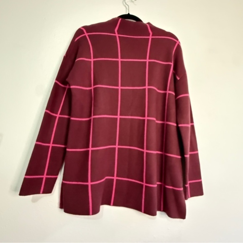 LOFT burgundy sweater w/pink horizontal & vertical lined overall  design. Sz L